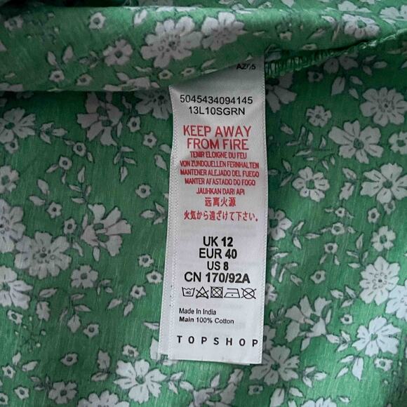 Topshop Floral Puff-Sleeve Peasant Blouse US 8 (UK 12) Green 100% Cotton NWT - Picture 5 of 8